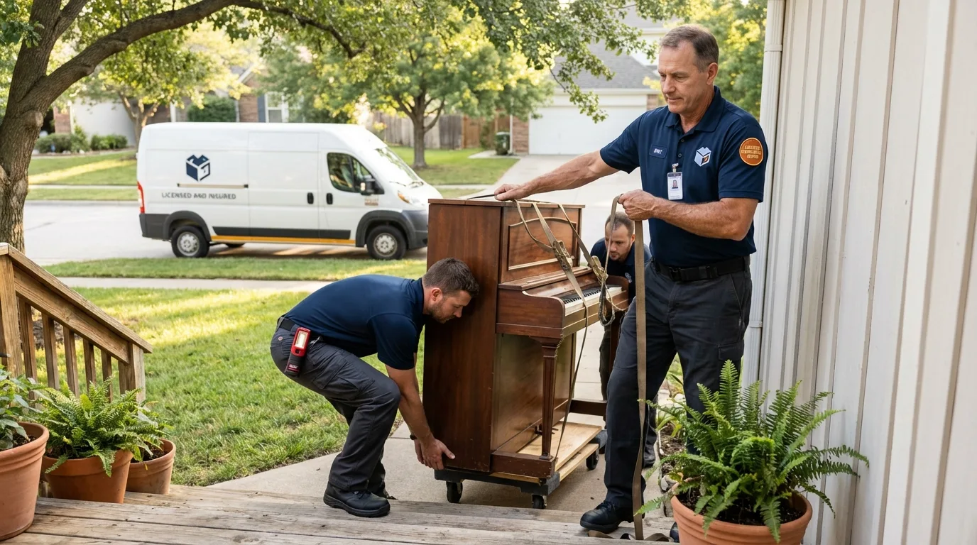 Licensed piano movers securing grand piano in Succasunna, NJ