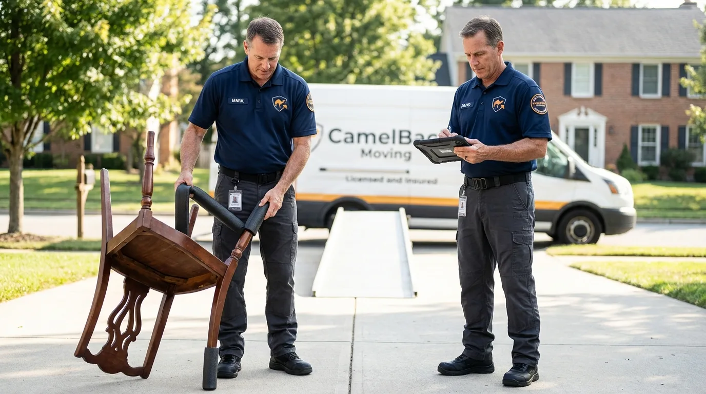 Movers inspecting furniture for damage prevention before loading in Succasunna, NJ