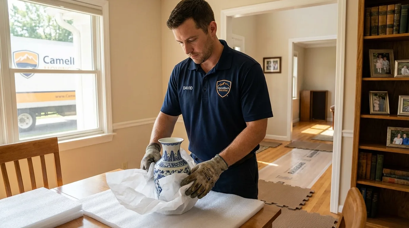 Professional crew carefully wrapping antique vase for senior downsizing move in Succasunna, NJ